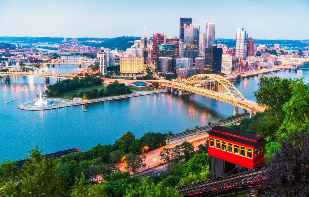 view of the city of Pittsburgh, Pennsylvania and the incline from Mt. Washington
